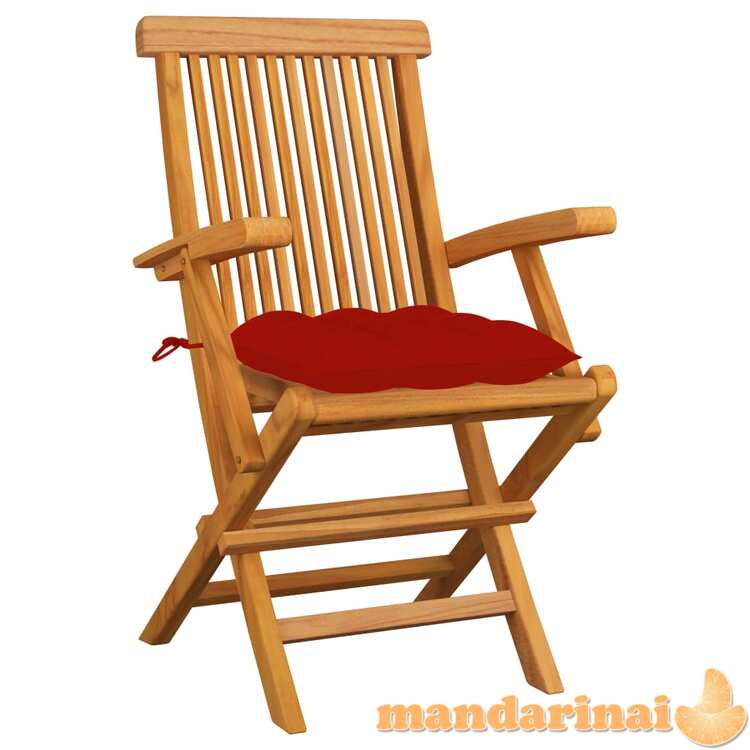 Sodo kėdės su raudonomis pagalvėlėmis, 6vnt., tikmedžio masyvas