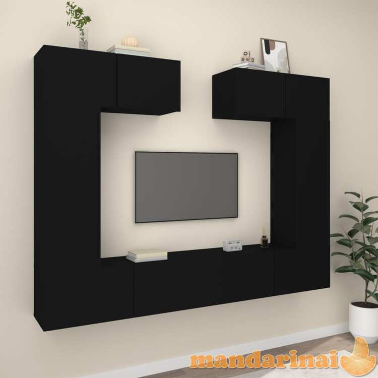 Televizoriaus spintelių komplektas, 6 dalių, juodas, mediena