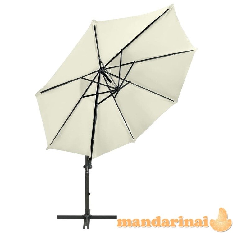 Gembinis skėtis su stulpu ir led lemputėmis, smėlio, 300cm