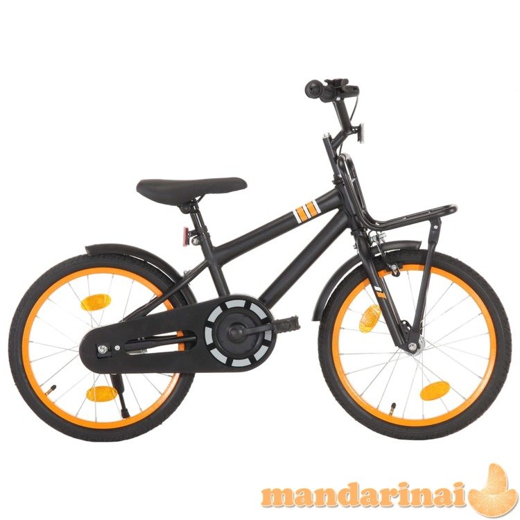Vaikiškas dviratis su priekine bagažine, juodas ir oranžinis