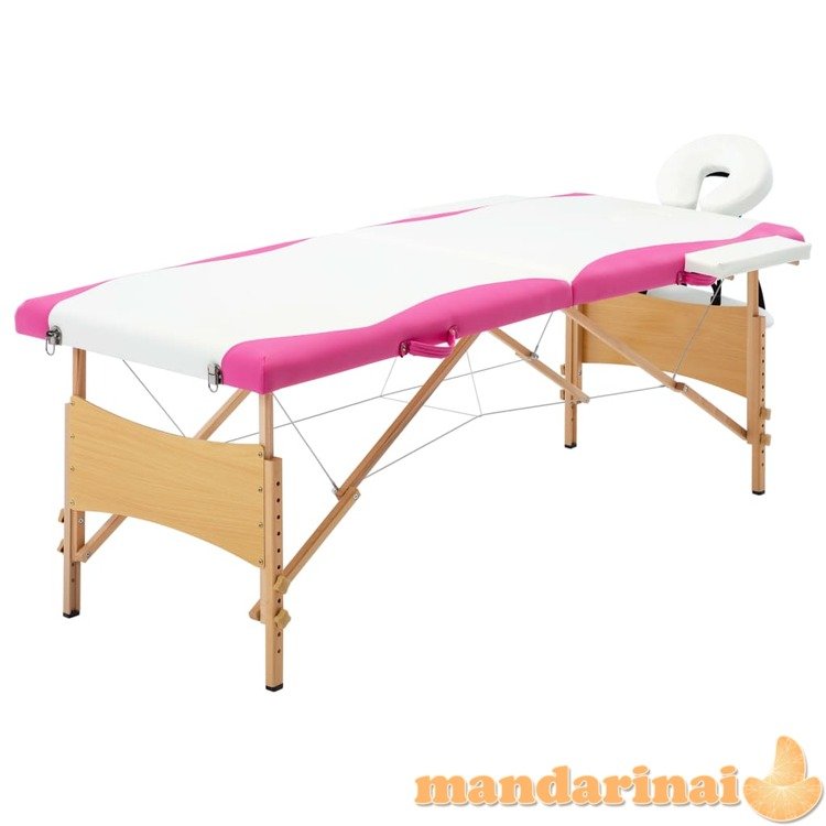 Sulankstomas masažo stalas, baltas ir rožinis, mediena, 2 zonų