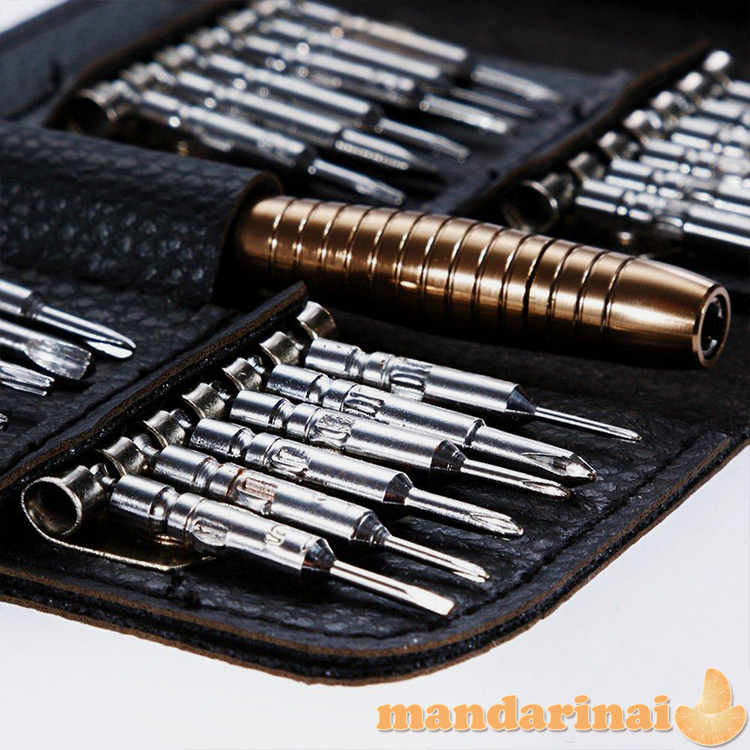 Universalūs 25 dalių įrankiai įvairiems prietaisams ardyti