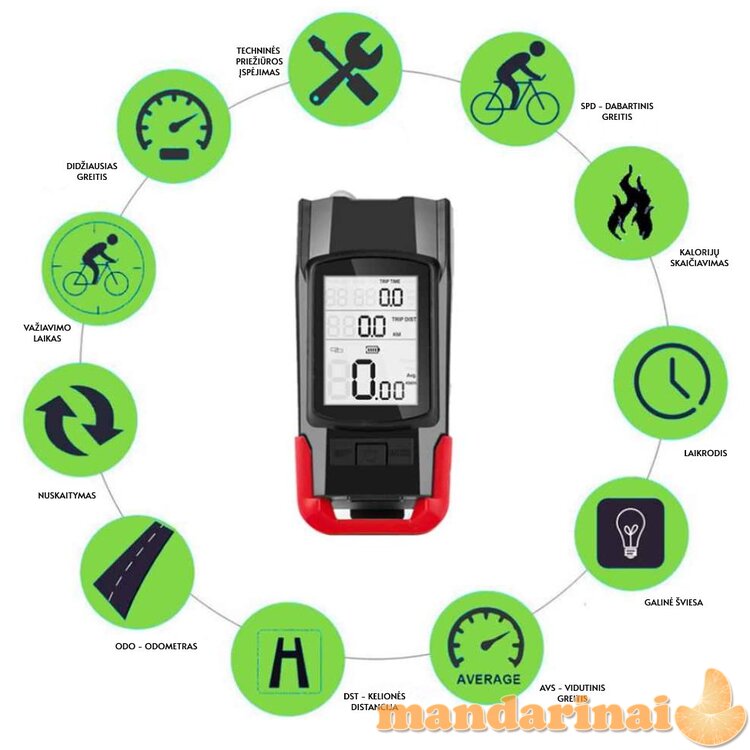 Daugiafunkcinis dviračio kompiuteris su žibintais