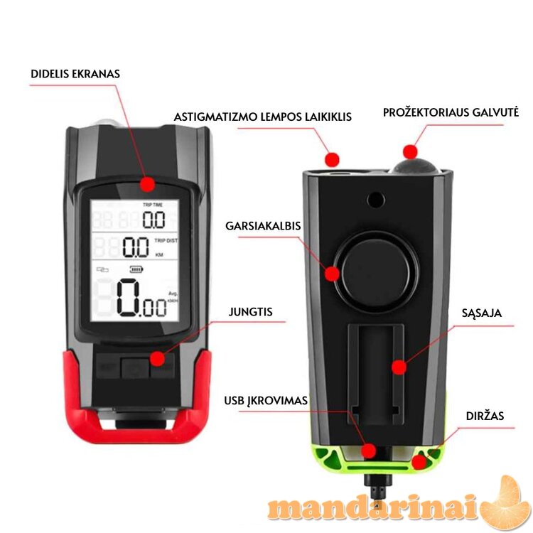 Daugiafunkcinis dviračio kompiuteris su žibintais