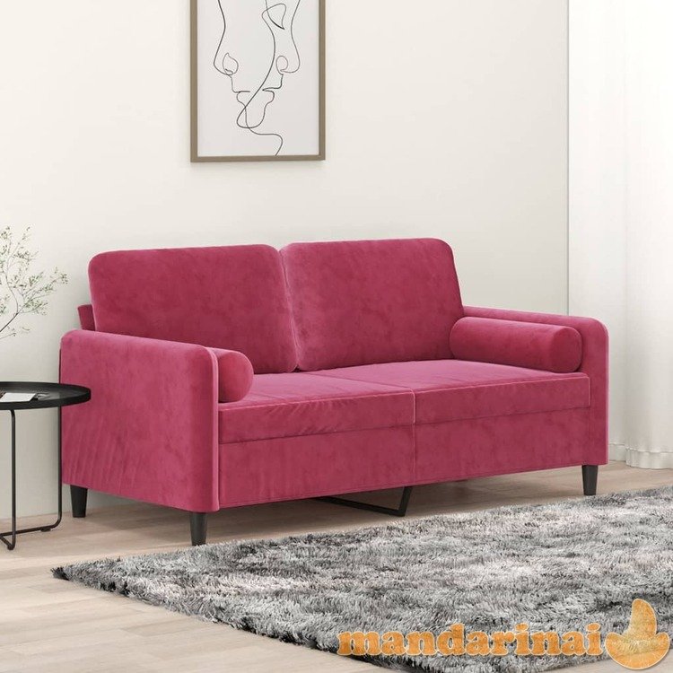 Dvivietė sofa su pagalvėlėmis, raudonojo vyno, 140cm, aksomas