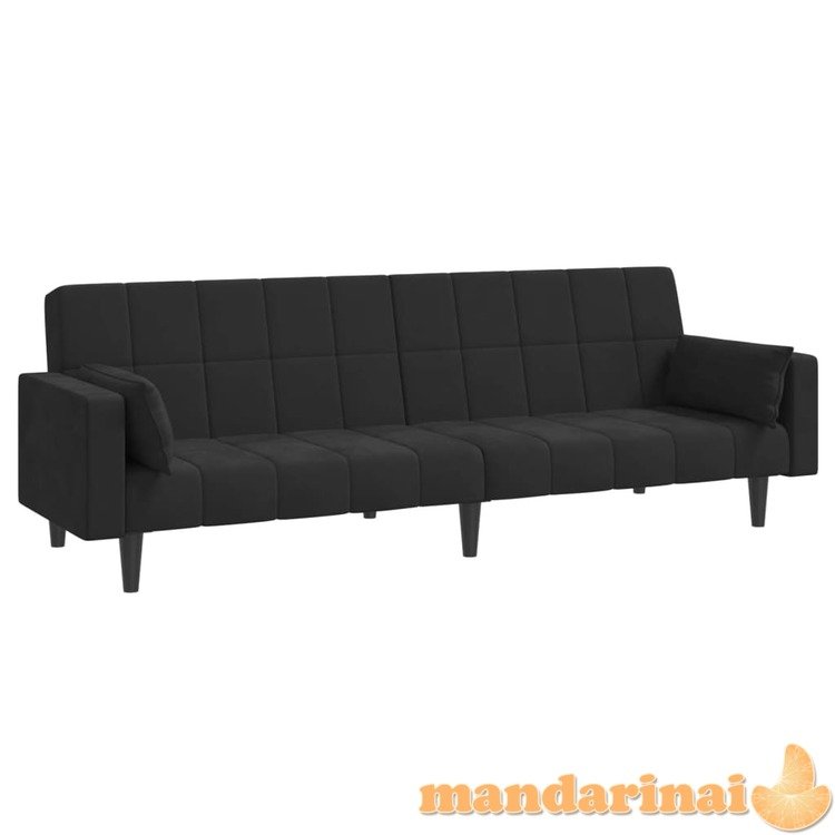 Dvivietė sofa-lova su dvejomis pagalvėmis, juoda, aksomas