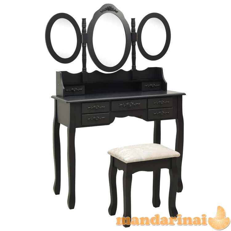 Kosmetinis staliukas su kėdute ir 3 veidrodžiais, juodas