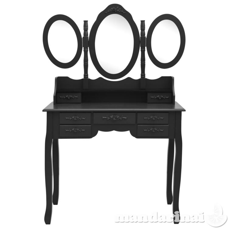 Kosmetinis staliukas su kėdute ir 3 veidrodžiais, juodas