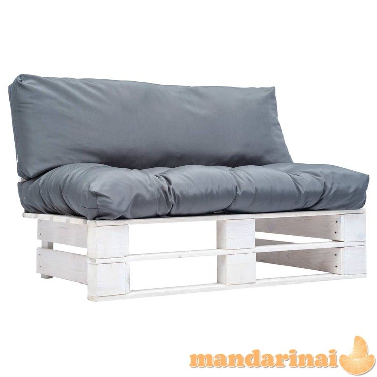 Sodo sofa iš palečių su pilkomis pagalvėlėmis, pušies mediena