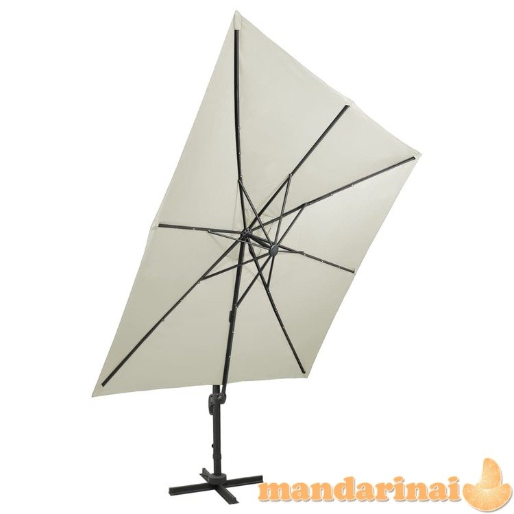 Gembinis skėtis su stulpu ir led lemputėmis, smėlio, 300cm