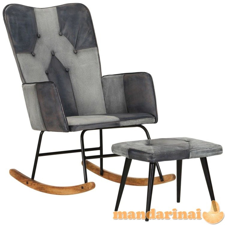 Supama kėdė su pakoja, pilkos spalvos, tikra oda ir drobė
