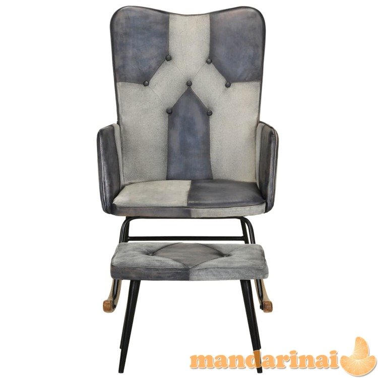 Supama kėdė su pakoja, pilkos spalvos, tikra oda ir drobė