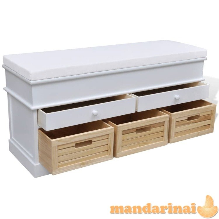 Balta spintelė-minkštas prieangio suoliukas, 2 stalčiai, 3 dėžės