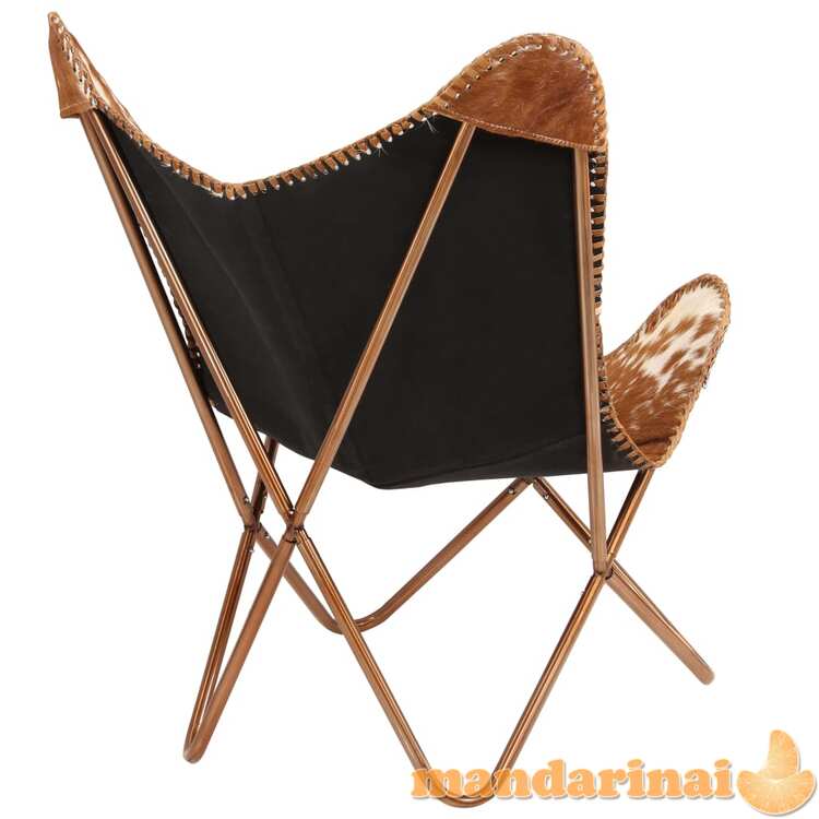 Drugelio formos kėdė, tikra ožkos oda, ruda ir balta
