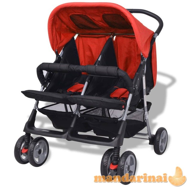 Vaikiškas vežimėlis dvynukams, raudonas ir juodas, plienas