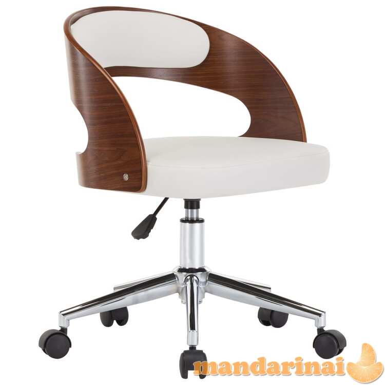 Pasukama biuro kėdė, balta, išlenkta mediena ir dirbtinė oda