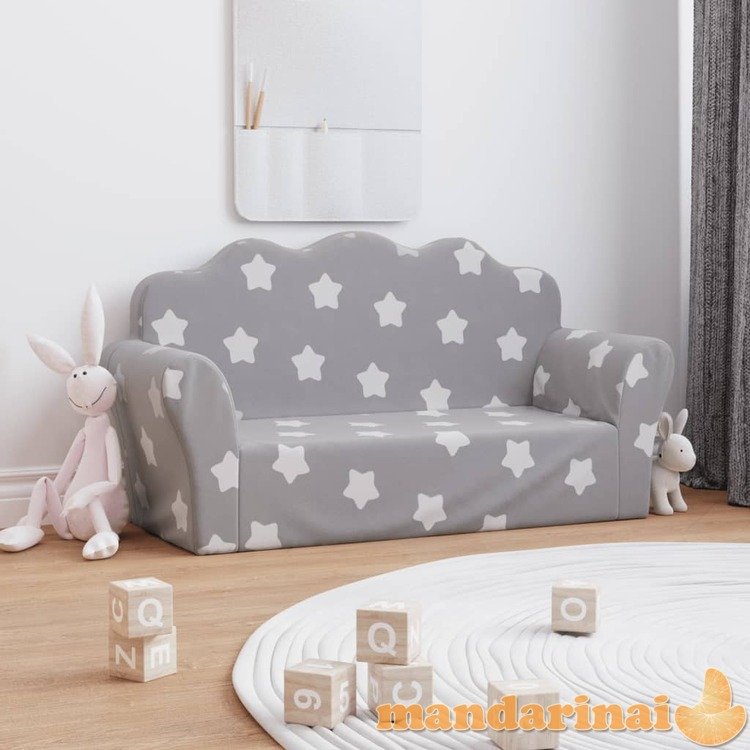 Vaikiška dvivietė sofa, pilka, minkštas pliušas, su žvaigždėmis