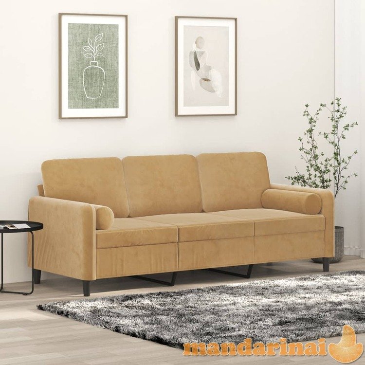 Trivietė sofa su pagalvėlėmis, rudos spalvos, 180cm, aksomas