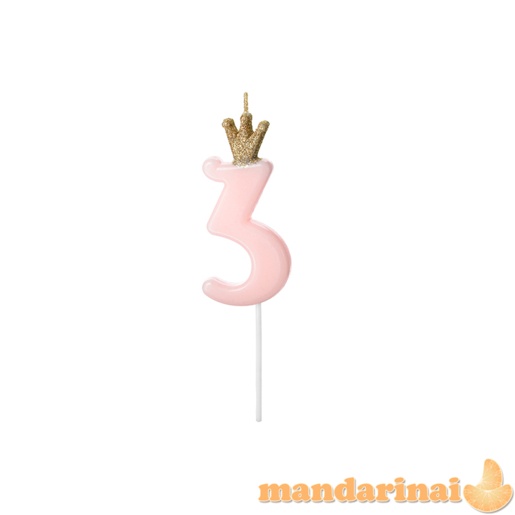 Birthday candle Number 3, light pink, 9.5cm