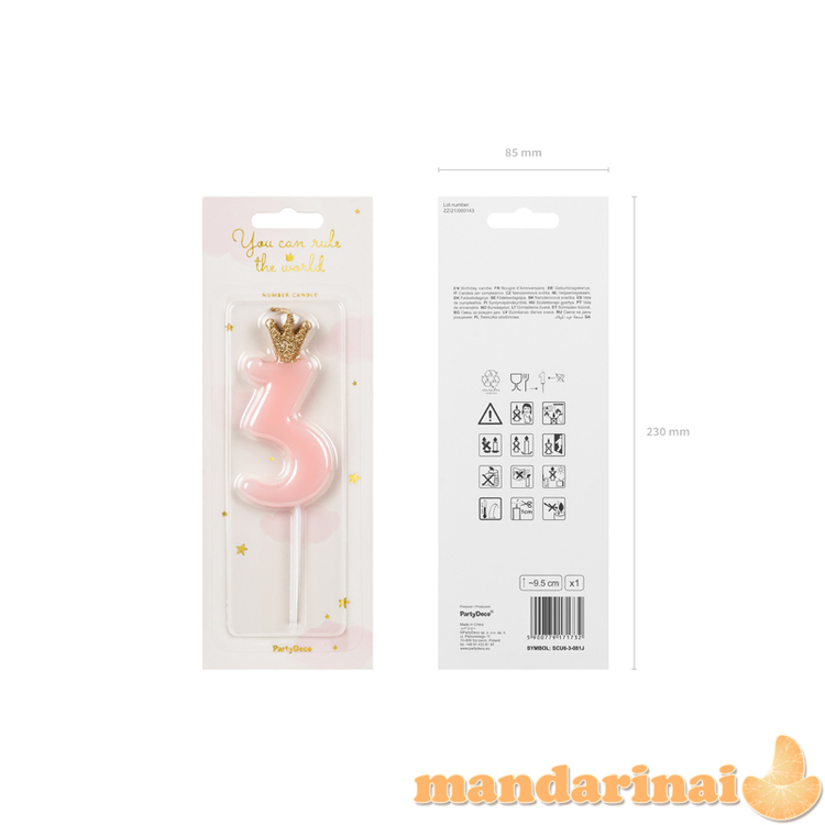 Birthday candle Number 3, light pink, 9.5cm 1