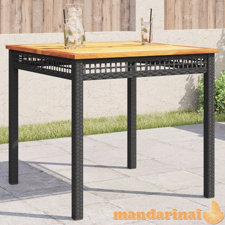 Sodo stalas, juodas, 80x80x75cm, poliratanas/akacijos mediena
