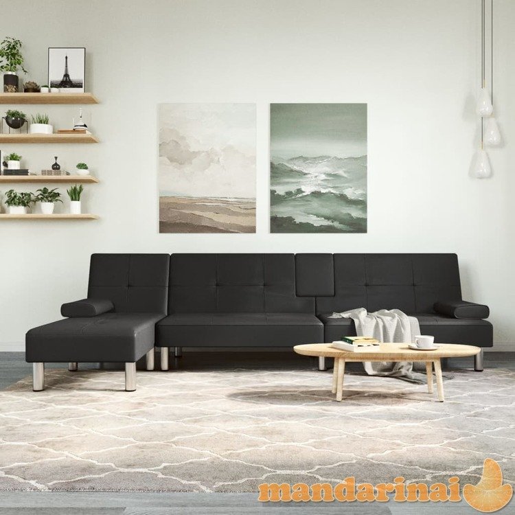 L formos sofa-lova, juodos spalvos, 255x140x70cm, dirbtinė oda