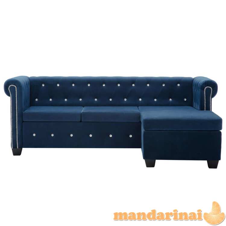 L form. chesterfield sofa, aksom. apmuš., 199x142x72cm, mėlyna