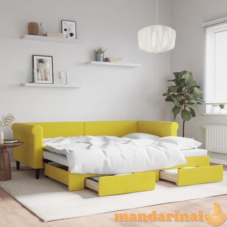 Ištraukiama lova su stalčiais, geltona, 90x200cm, aksomas