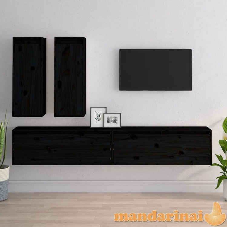 Televizoriaus spintelės, 4vnt., juodos, pušies medienos masyvas