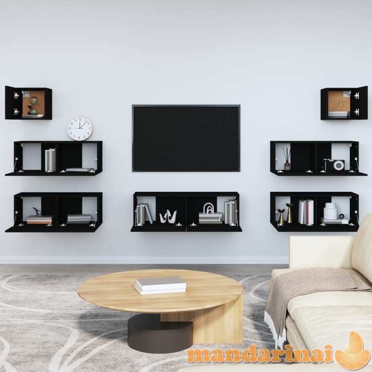 Televizoriaus spintelių komplektas, 7 dalių, juodas, mediena