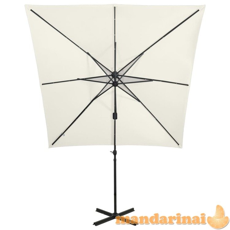 Gembinis skėtis su stulpu ir led lemputėmis, smėlio, 250cm