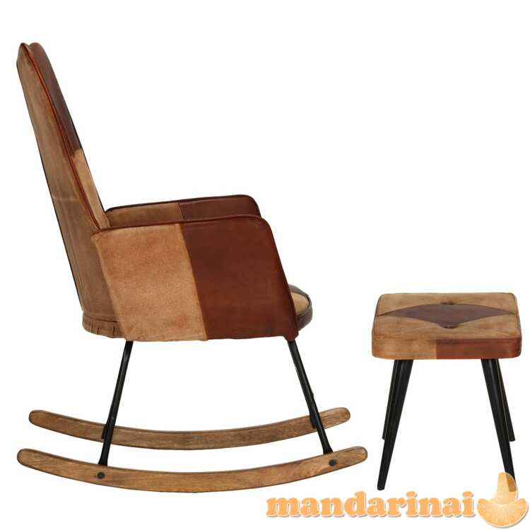 Supama kėdė su pakoja, rudos spalvos, tikra oda ir drobė
