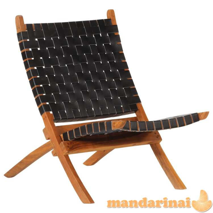 Sulankstoma poilsio kėdė, juodos spalvos, tikra oda