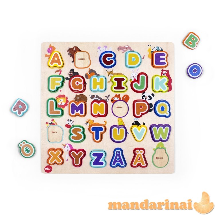 bo. Educational wooden puzzle  Alphabet and animals  (In Finnish lang.)