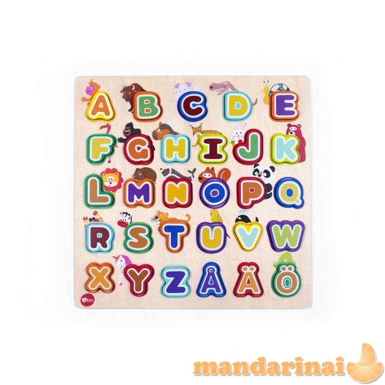 bo. Educational wooden puzzle  Alphabet and animals  (In Finnish lang.)