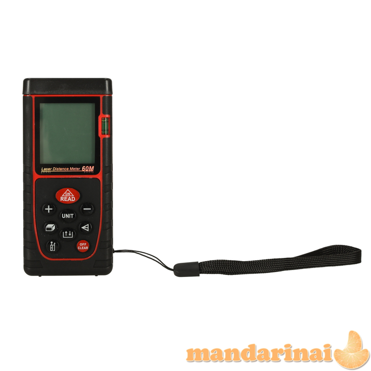Lazerinis atstumo matuoklis, skaitmeninis vandeniui atsparus IP54 3mm/60m korpusas, maitinamas baterija