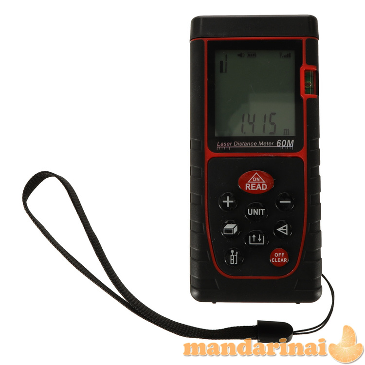 Lazerinis atstumo matuoklis, skaitmeninis vandeniui atsparus IP54 3mm/60m korpusas, maitinamas baterija