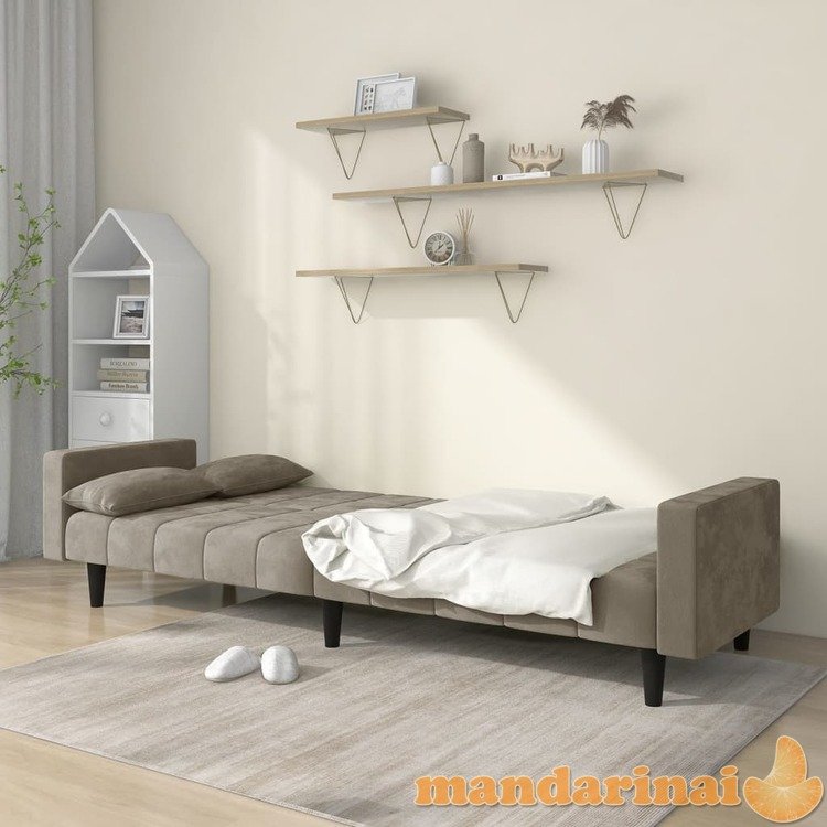 Dvivietė sofa-lova su dvejomis pagalvėmis, pilka, aksomas