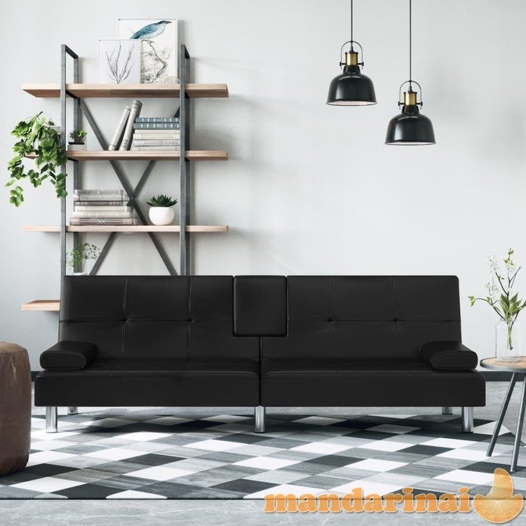 Sofa-lova su puodelių laikikliais, juodos spalvos, dirbtinė oda