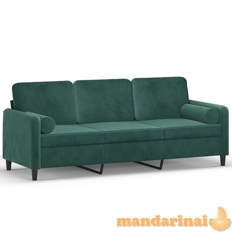 Trivietė sofa su pagalvėlėmis, tamsiai žalia, 180cm, aksomas