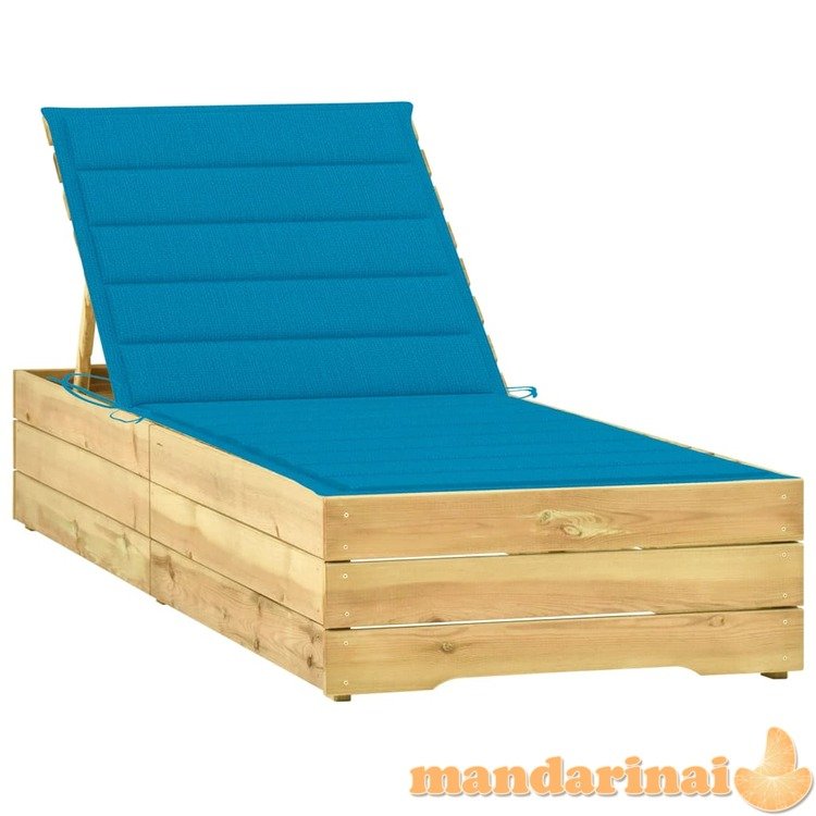 Saulės gultas su mėlynu čiužinuku, impregnuota pušies mediena