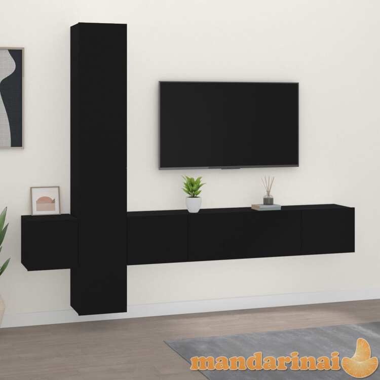 Televizoriaus spintelių komplektas, 5 dalių, juodas, mediena