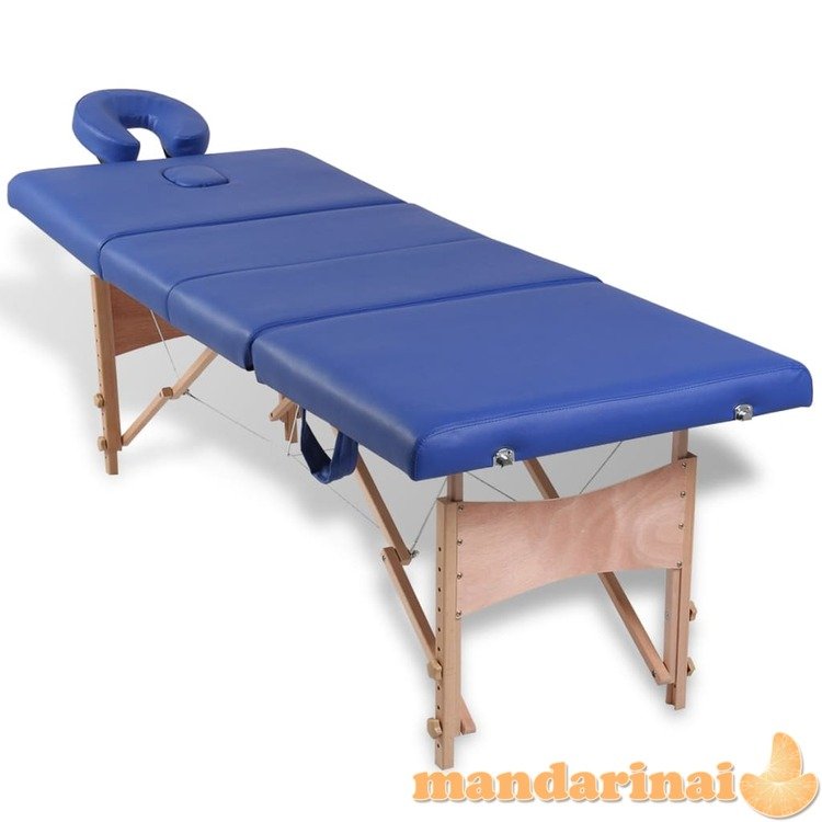 Sulankstomas masažo stalas, mėlynas, 4 zonų, su mediniu rėmu