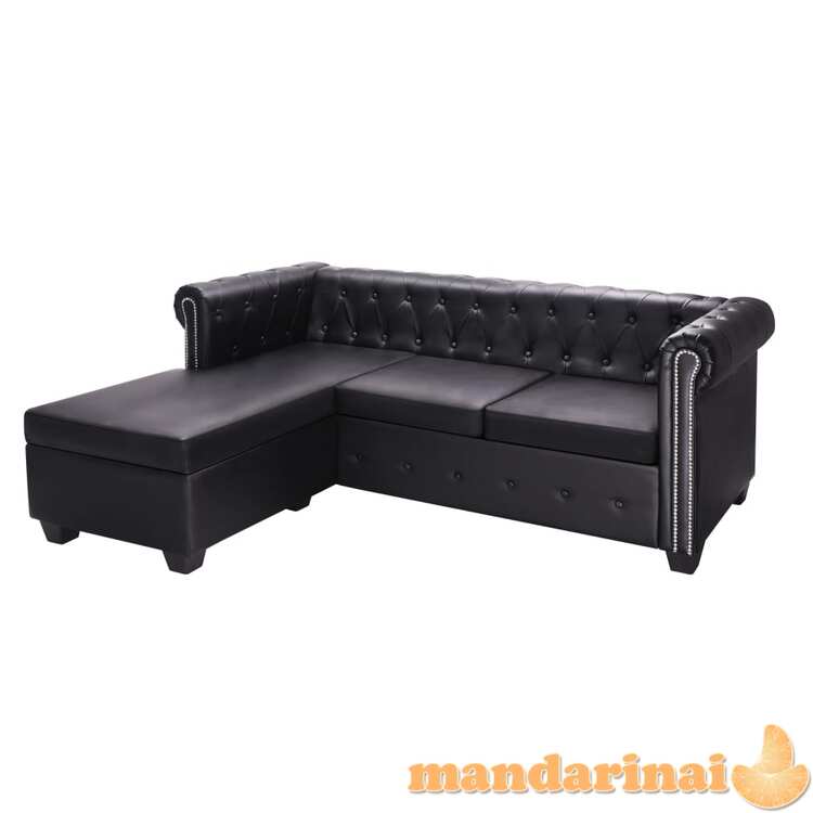 L-formos chesterfield sofa, dirbtinė oda, juoda