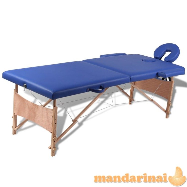 Sulankstomas masažo stalas su mediniu rėmu, 2 zonų, mėlynas