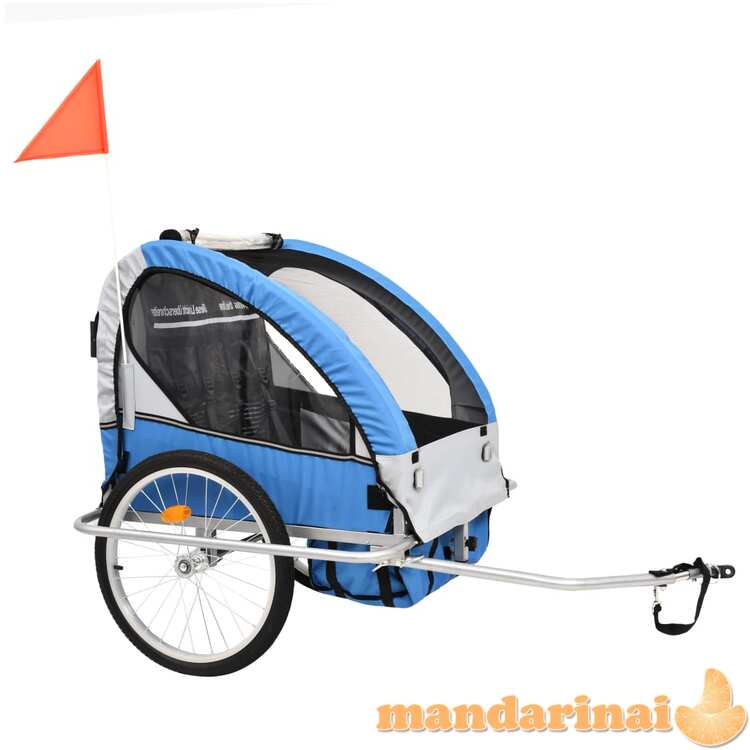 2-1 vaikiškas dviratis-priekaba ir vežimėlis, mėlyna ir pilka