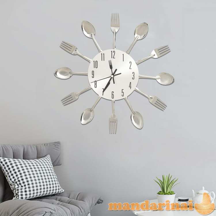325162  wall clock with spoon and fork design silver 31 cm aluminium
