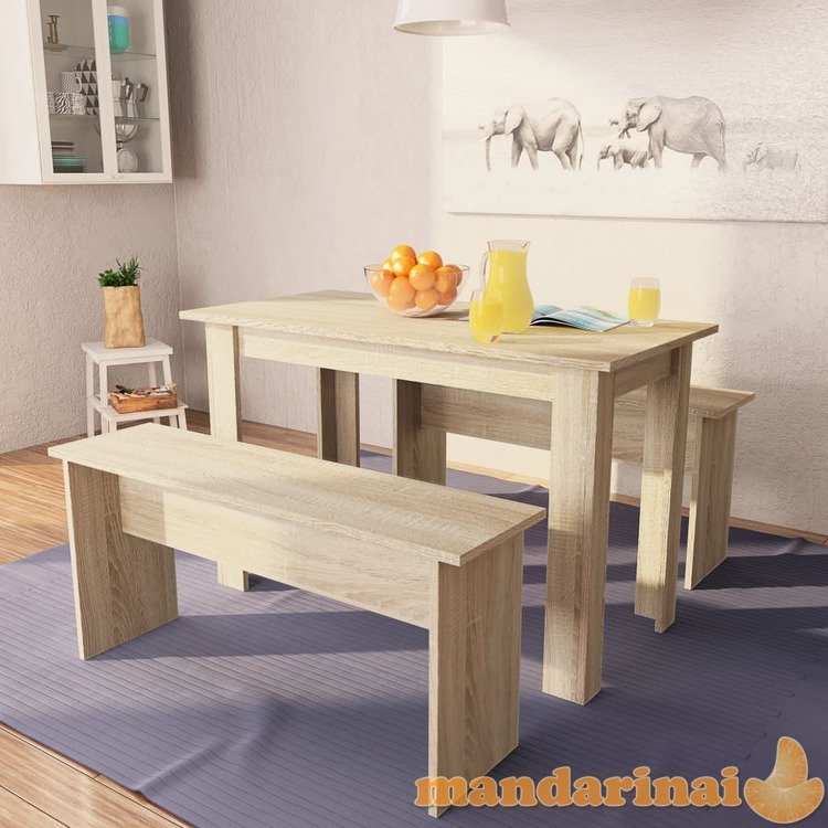 Valgomojo stalas su suolais, 3vnt, med. drožlių plokštė, ąžuolo