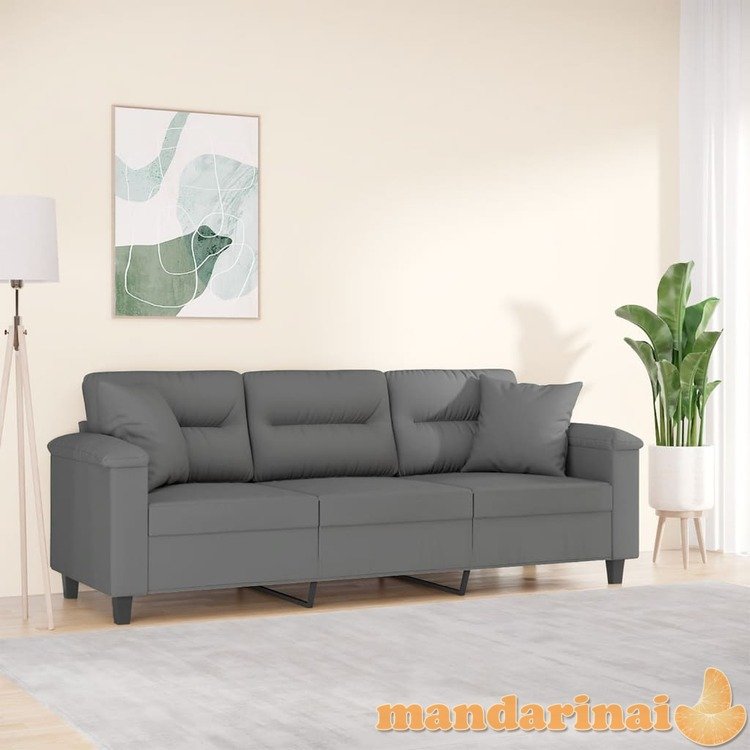 Trivietė sofa su pagalvėmis, pilka, 180cm, mikropluošto audinys