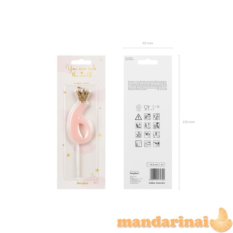 Birthday candle Number 6, light pink, 9.5cm 3